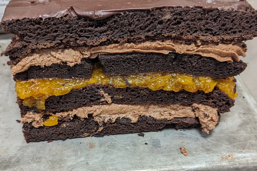 Cross section of a four-layer chocolate cake with chocolate mousse, apricot compote and a ganache top