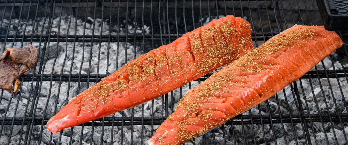 Two whole wild salmon fillets, scored and seasoned, laid on a steel grate over glowing coals